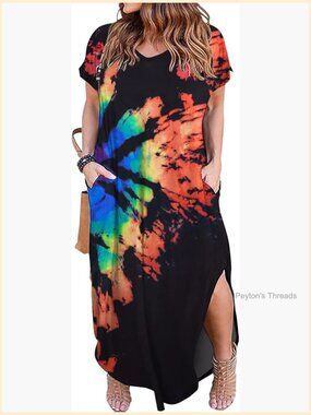 Plus Size Maxi Dress Short Sleeve V-Neck Side Slit Pockets